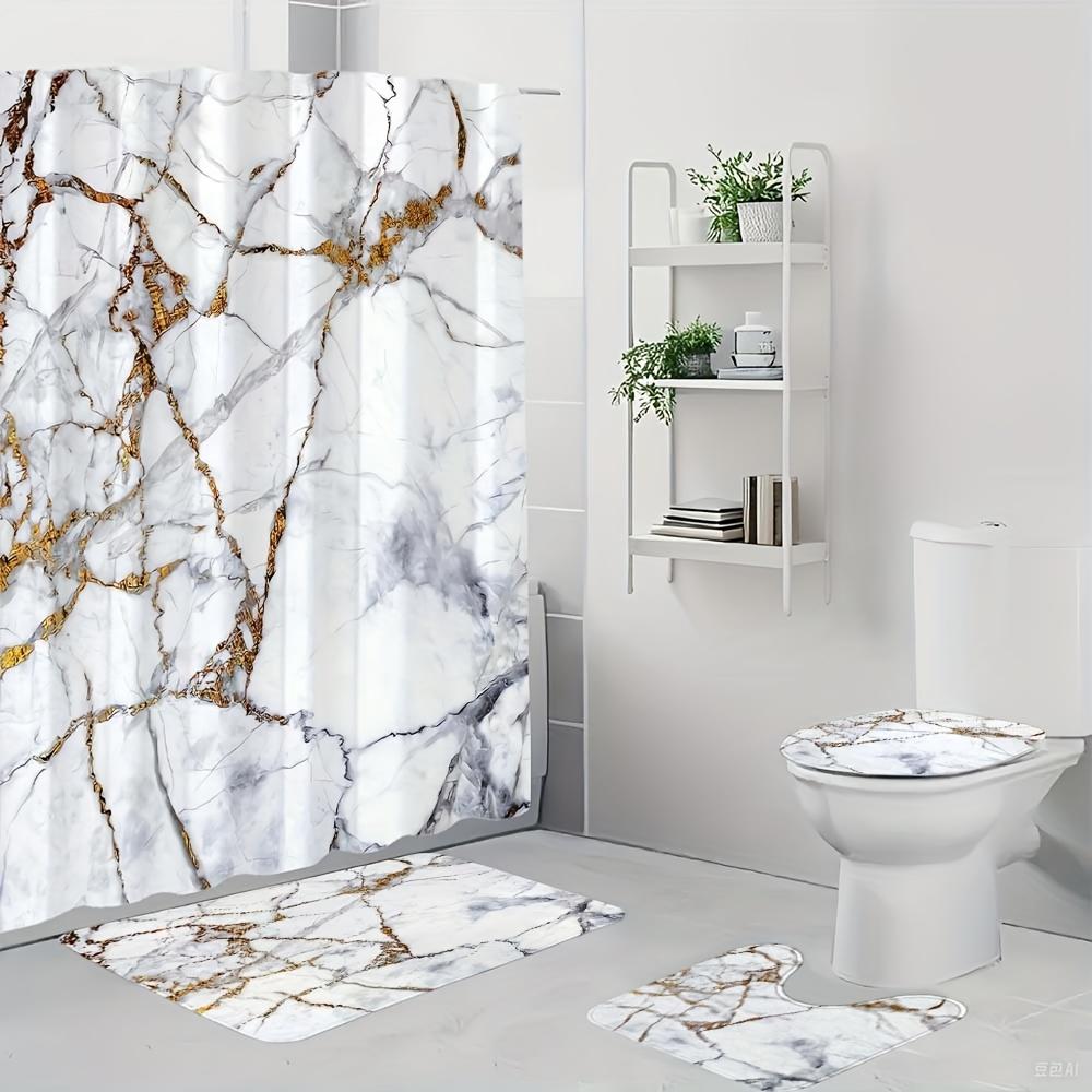 4-teiliges Badezimmer-Duschvorhang-Set Marmor Badezimmer-Vorhang mit 12 Haken Rutschfeste Teppiche Toilettendeckelmatte Badezimmer-Trennwand