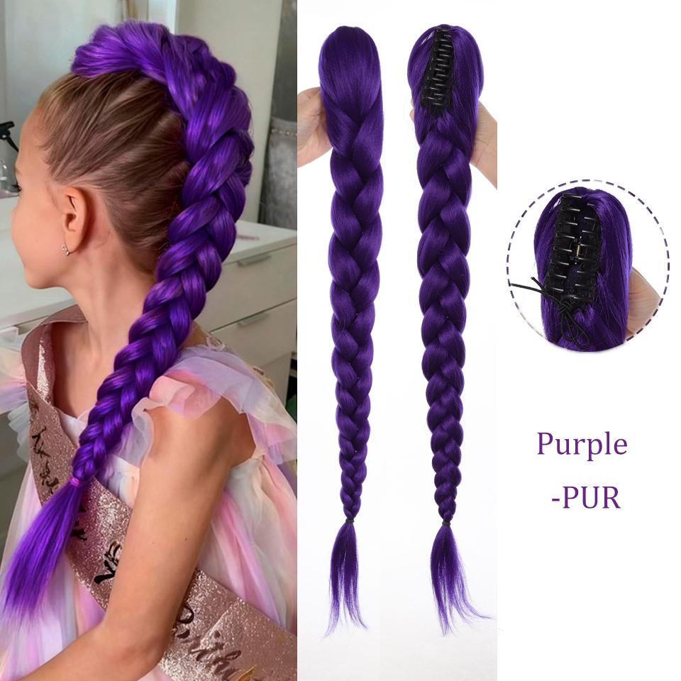 28inch Synthetic Hair Long Braided Purple Hair Ponytail Extensions Rumi Hairstyle Claw Clip Hair Wig for Kids for Chritmas Party
