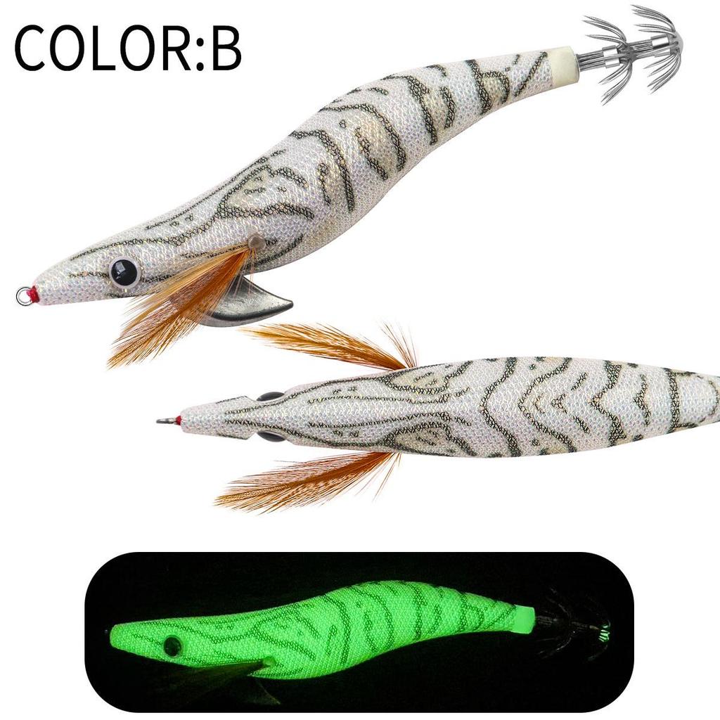 SQUID KING Luminous Wooden Shrimp Squid Hook - Sizes 2.5, 3.0, 3.5 with Rapid Current Lead Head & Rattle for Deep Water.