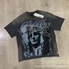 Unisex Oversized Box Fit Cotton Tee With Embroidered Rhinestone Washed Print Round Neck Short Sleeve Casual Top