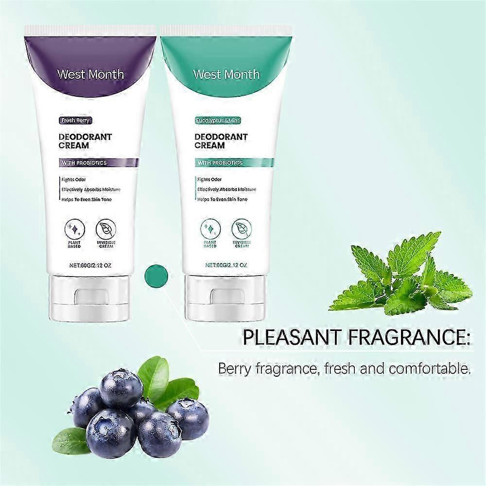 Natural Probiotic Deodorant Cream - Fresh Berry or Eucalyptus Mint, 60g, UK-Friendly Travel Size for Odour Control