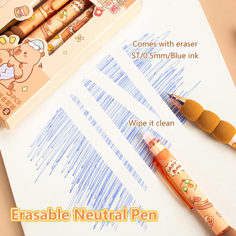 5Pcs Cute Cartoon Capybara Erasable Pen  Writing Smooth Quick-Drying Gel Pen Replacement Pen Core Office Supplies Gifts