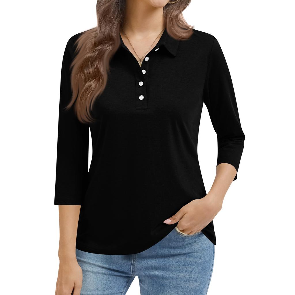 Women's Fashion Casual Lapel Short 3/4 Sleeve Color Shirt Women's Button Up Tops