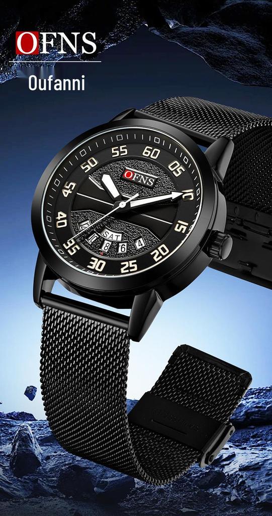 OFNS Men's Waterproof Quartz Watch with Double Calendar