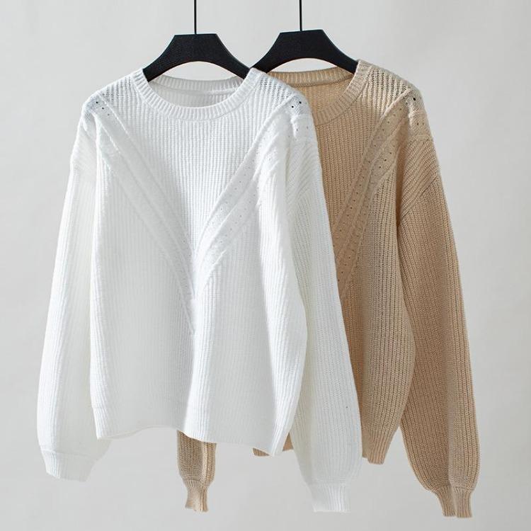 Autumn Winter Vintage Loose Knitwear Sweater Long Sleeve Solid Color Pullover O Neck Top