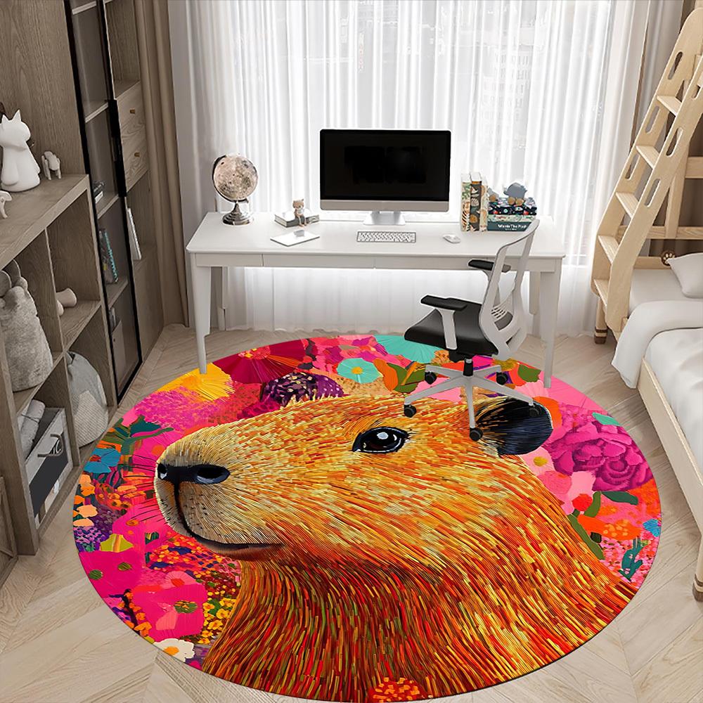 1pc Capybara Print Chair Carpet for Office, Round Non-Slip Durable Large Size Office Carpet, Suitable for Office, Beautiful Decoration