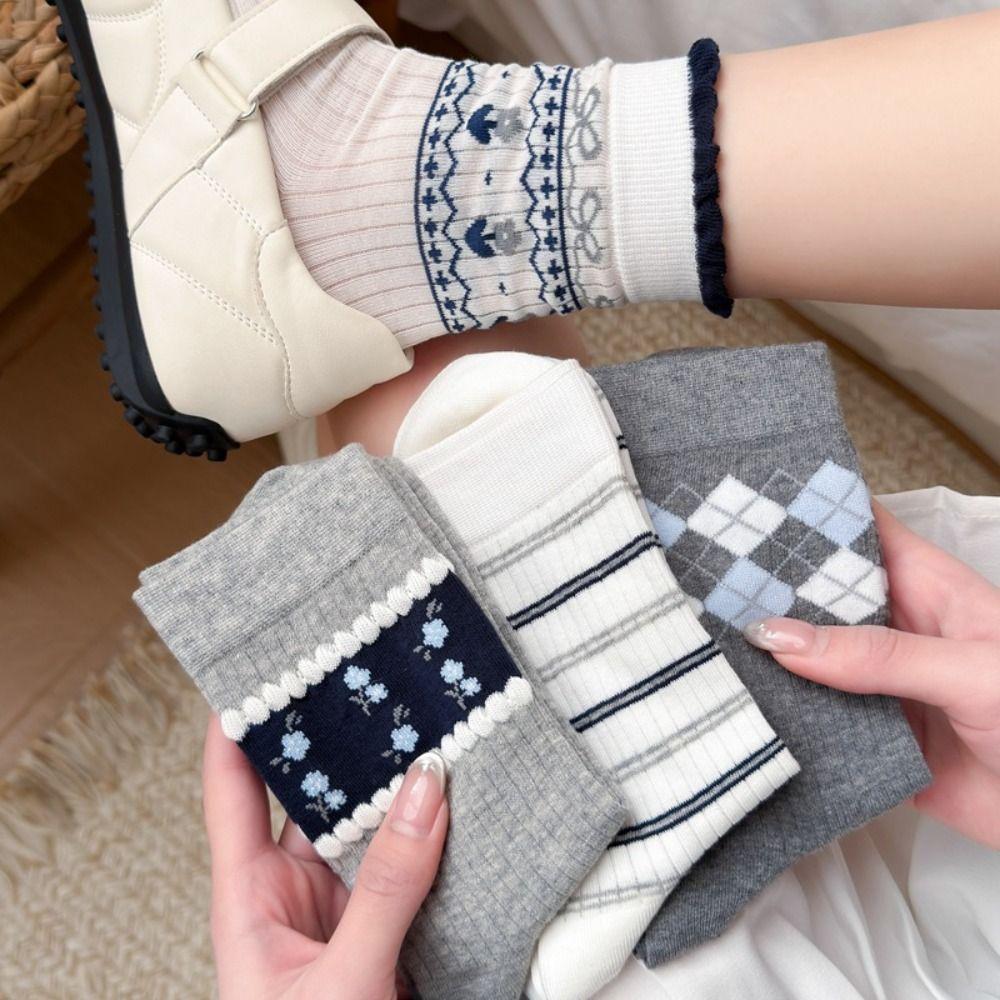 Korean Style Mid-calf Socks Grey Checkered Boneless Pile Socks New Cotton Socks Spring Summer