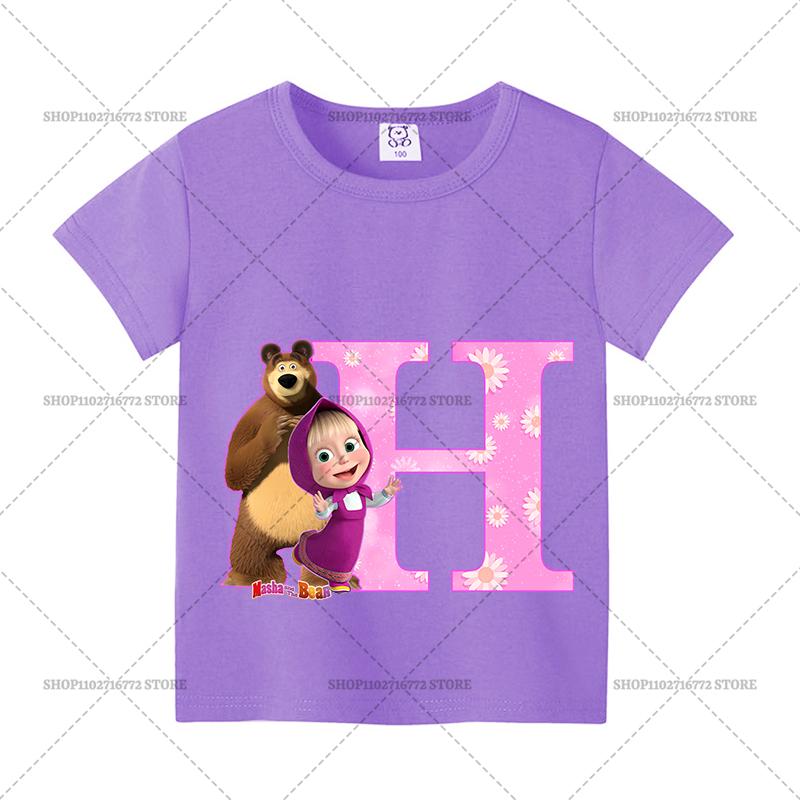 Mashas and The Bear Summer T-shirt Girl Children Tops Cute Cartoon Letters A-Z Print Clothing Short Sleeve Kids Casual Clothes