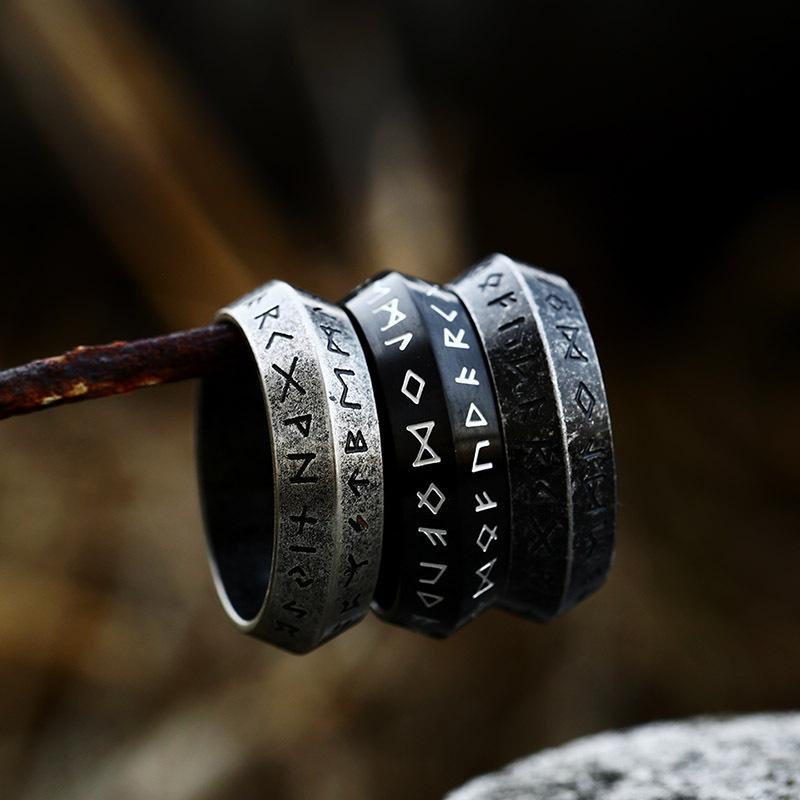 Bague Rune Amulette Viking Nordique Odin en Acier Inoxydable Vintage Pour Hommes Bagues Rétro avec Mots Cadeaux Saint-Valentin Alliance Bijoux