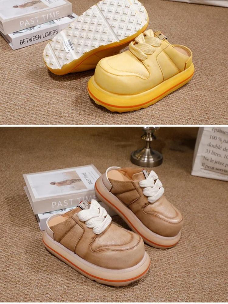 Johnature Damskie buty na grubej podeszwie ze skóry naturalnej, sznurowane, outdoorowe, z okrągłym noskiem, modne kapcie