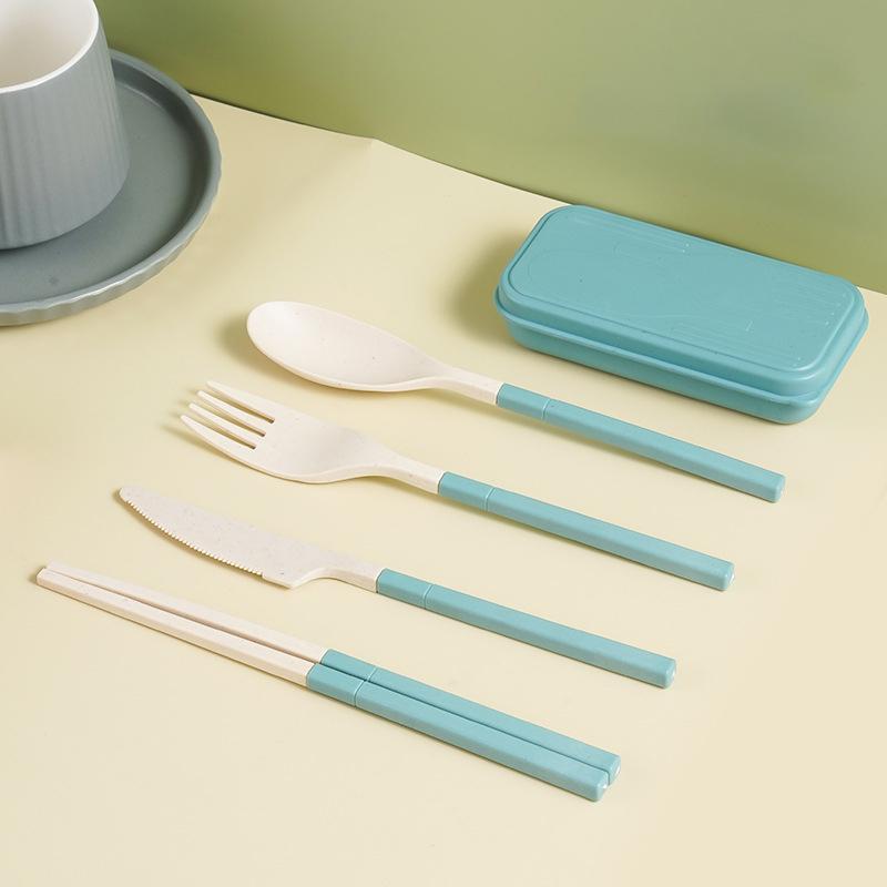 Japanese-Style Wheat Straw Cutlery Set Knife Fork Spoon Chopsticks - Three-Piece Folding Portable Cutlery