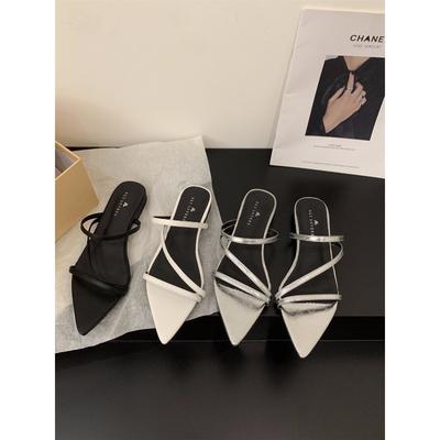 Flat-bottomed Silver French Small Cool Slippers Fairy Shoes Wear 2024 New Summer One-word Thin Strap Roman Sandals