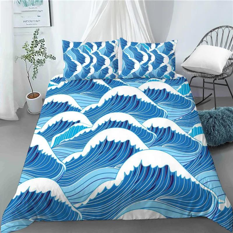 3D Japanese Wave Pattern Duvet Cover Set Fashion Polyester Quilt Cover With Pillowcase For Children Women Home Room Decor Gifts