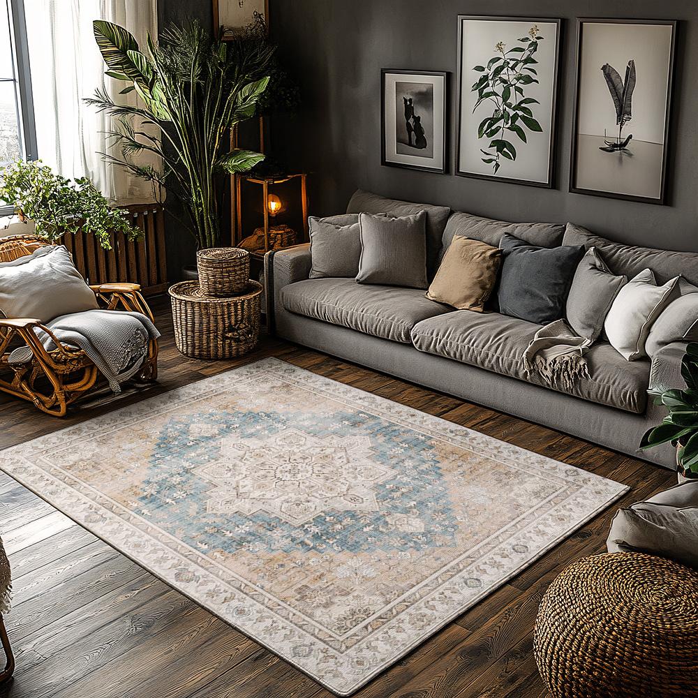 

Сине-коричневый богемный ковер, этнический геометрический узор, противоскользящий ковер, натуральный коврик для гостиной для уютного домашнего декора 50x80cm20x31in