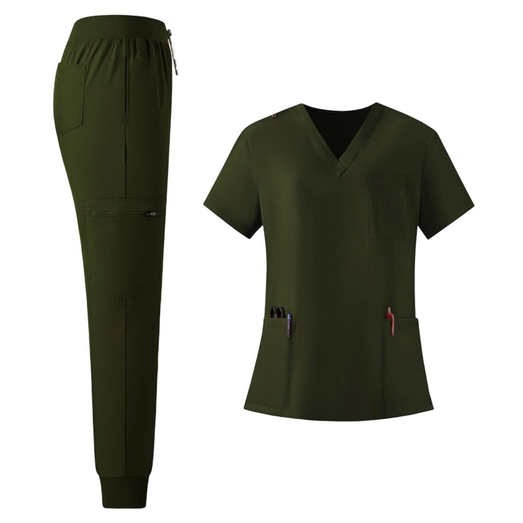 Women's Uniform Set with V-Neck and Pockets, Short Sleeve Scrub Top and Pant Set, Quick-Dry Color Uniform for Work