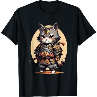 SHAAMOU Samurai Katze Japanische Katze Anime Ninja T-Shirt Rundhals Kurzarm T-Shirt (Schwarz, XS)