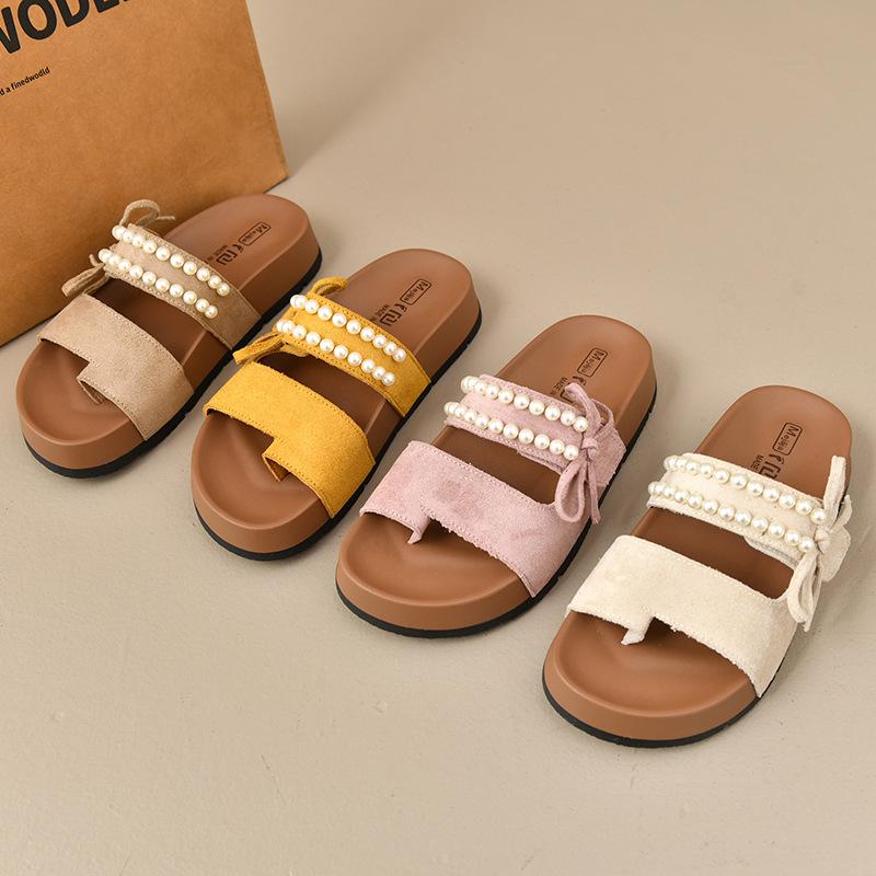One-and-a-half slippers women's summer wear new pearl one-pedal shoes flat sandals lazy sandals