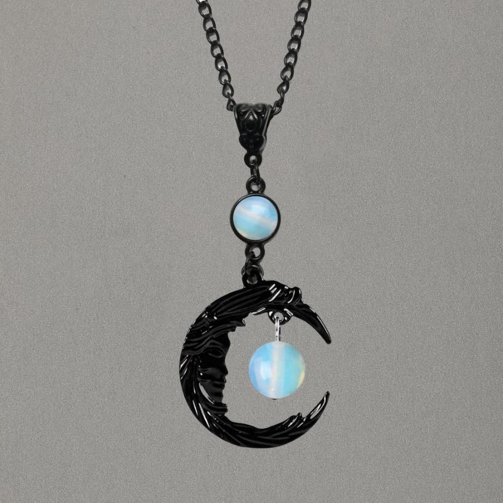 Gothic Retro Natural Rose Quartz Moon Goddess Pendant Necklace for Women Halloween Party Fashion Charm Jewelry Accessories Gifts