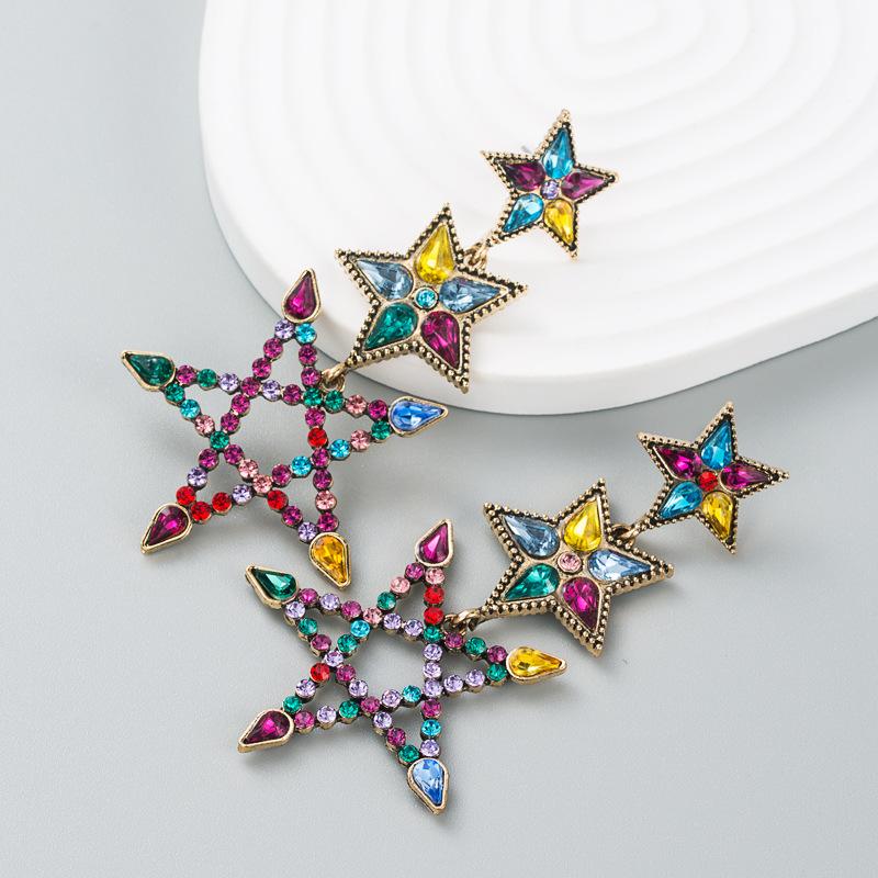 Women's Drop Alloy Strar Hollow Inlaid Color Crystal Geometric Creative Temperament High Quality Earrings