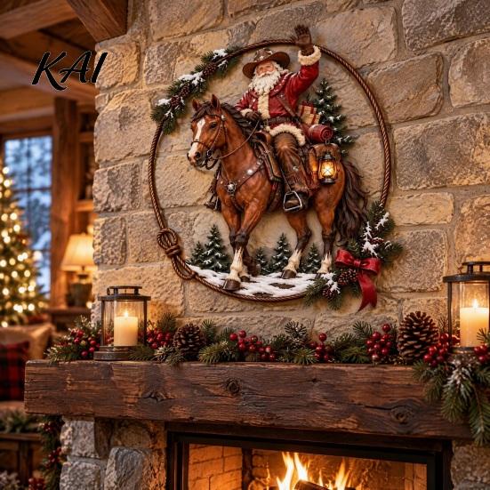 Holiday Home Interior Ornaments Cowboy Santa Riding Horse Metal Wall Art, Western Christmas Round Sign with Sturdy Ranch Accents Rope Border,