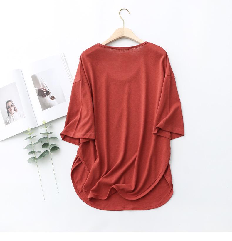 Women's Korean-Style Summer Cotton Linen Round Neck Shirt, Loose Fit, Mid-Sleeve, Plus Size Casual Top