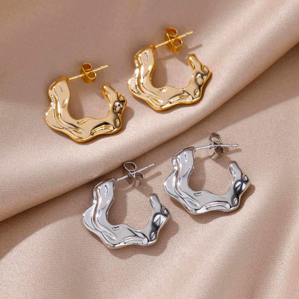 ZAKOL Irregular Wave C Shape Hoop Earrings Gold Color Stainless Steel Earring Birthday Anniversary Zircon Gift for Women