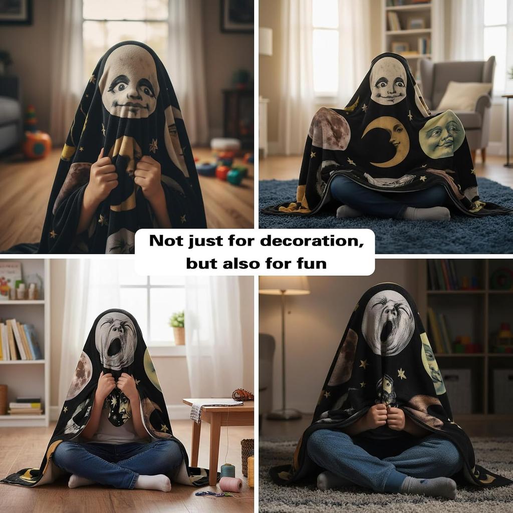 Funny Vintage Moon Face Throw Blanket Weird Moon Phase Meme Celestial Art Unique Humor Gift For All Decor