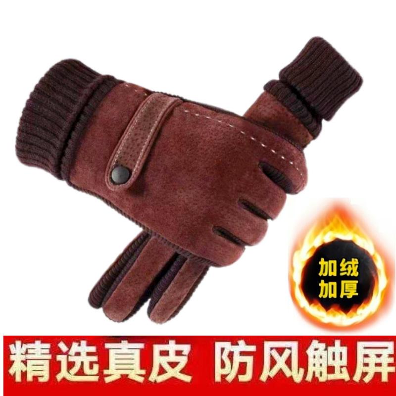 Pigskin Leather Ski Gloves Men's Outdoor Windproof and Non-slip Piled Thickened Warm