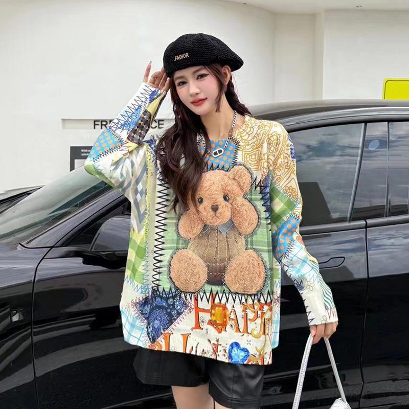 Women's Cartoon Rhinestone Long Sleeve Sweater - Chic Korean Style Loose Knit Round Neck Top for Autumn/Winter