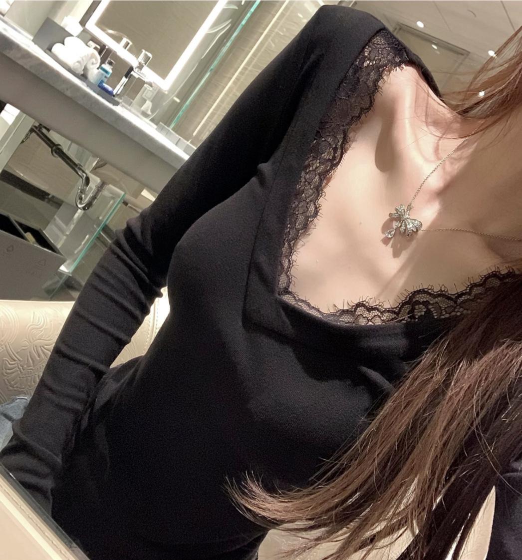 

Lace-Trimmed V-Neck Slimming Long-Sleeve Top for Women, Autumn/Winter Collection Extra Large чёрный