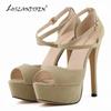 Women Pumps Stilettos Sexy 14cm Fashion Peep Toe High Heels Platform Ankle Strap Sandals Red Bridal Wedding Shoes Large Size 44