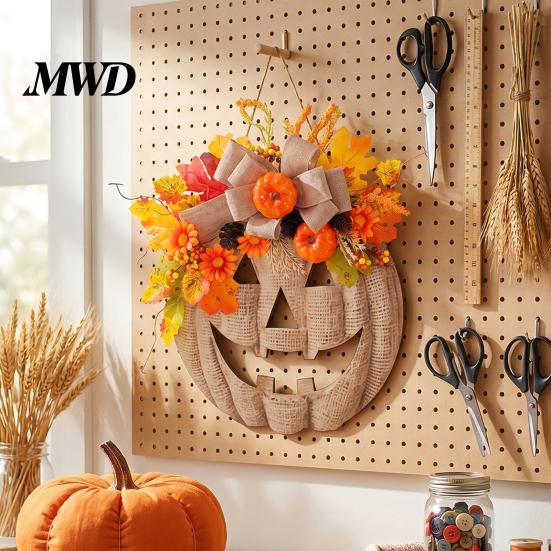 Thanksgiving Wreath for Home Decor Wooden Pumpkin Halloween Door Sign with LED Lights, Artificial Floral Hanging Autumn Flowers Wall Ornament