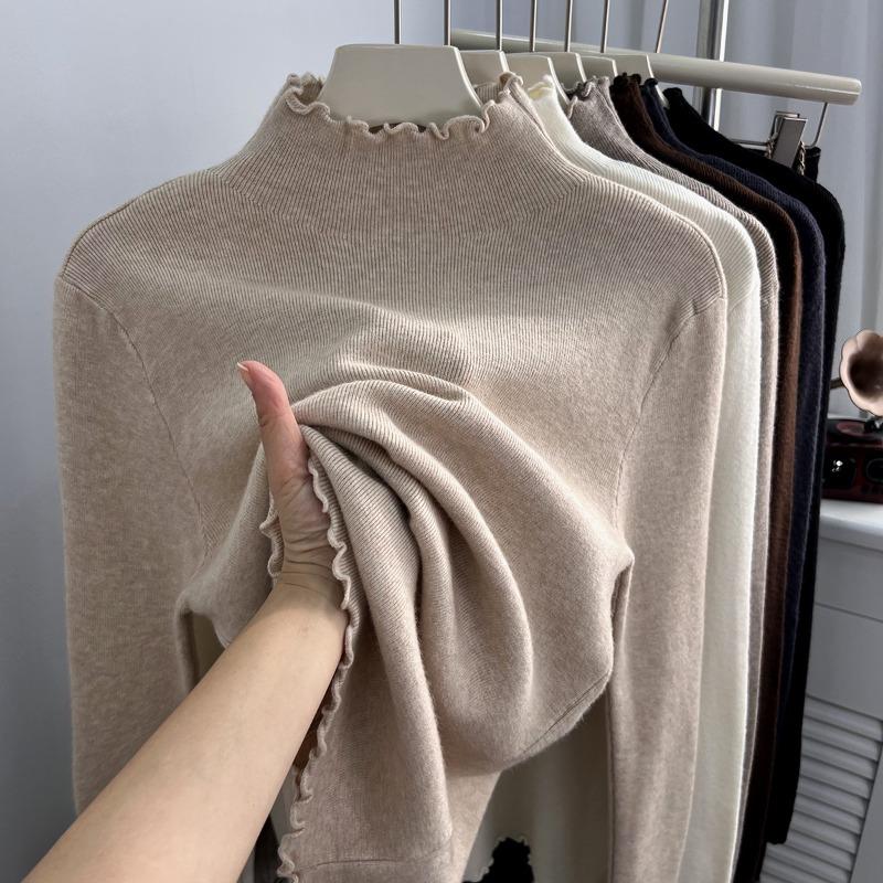 Semi-turtleneck Stacked with Fungus Edge Knitted Sweater, Soft Waxy Sweater, Female Slim Body with Long-sleeved Autumn and Winter Bottoming Top