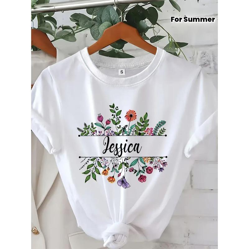 

European Size Personalized Wildflower Watercolor T-Shirt - Custom Name Floral Design, Casual Round Neck, Vibrant Spring Summer Fall Gift for Women 4XL білий