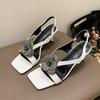 Women's Fashion Stiletto Sandals Summer New Square Head Open Toe Crystal Flower Set Foot Anti-slip Wear-resistant High Heels