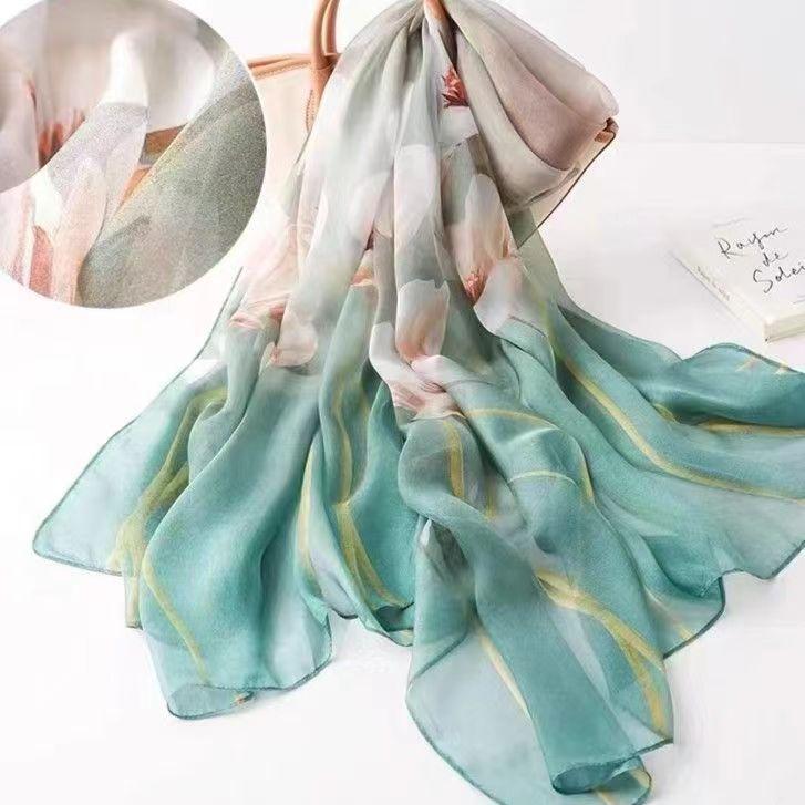 Silk Scarf Folral Women Summer Hijab Luxury Print Sunscreen Shawl Wraps Bandana Ladies Head Scarves Large Foulard Echarpe