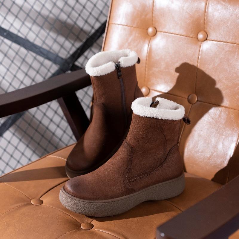The first layer of cowhide retro snow boots women's winter new velvet thickened thermal cotton boots thick-soled short boots