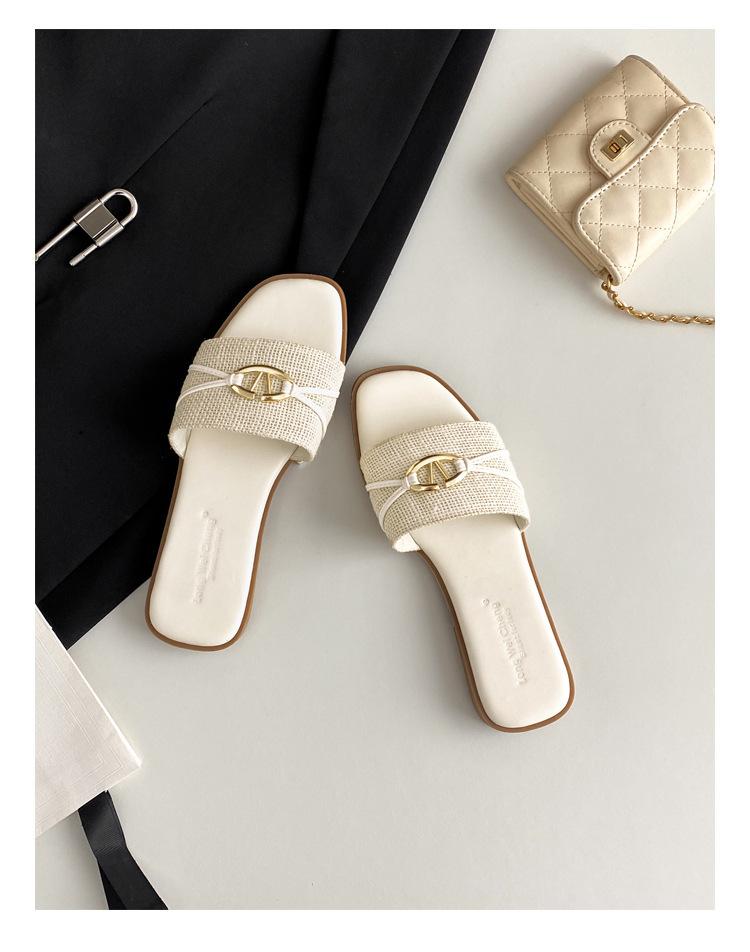 French square head casual versatile word with slippers women's summer wear fashion vacation beach travel flat bottom slippers women