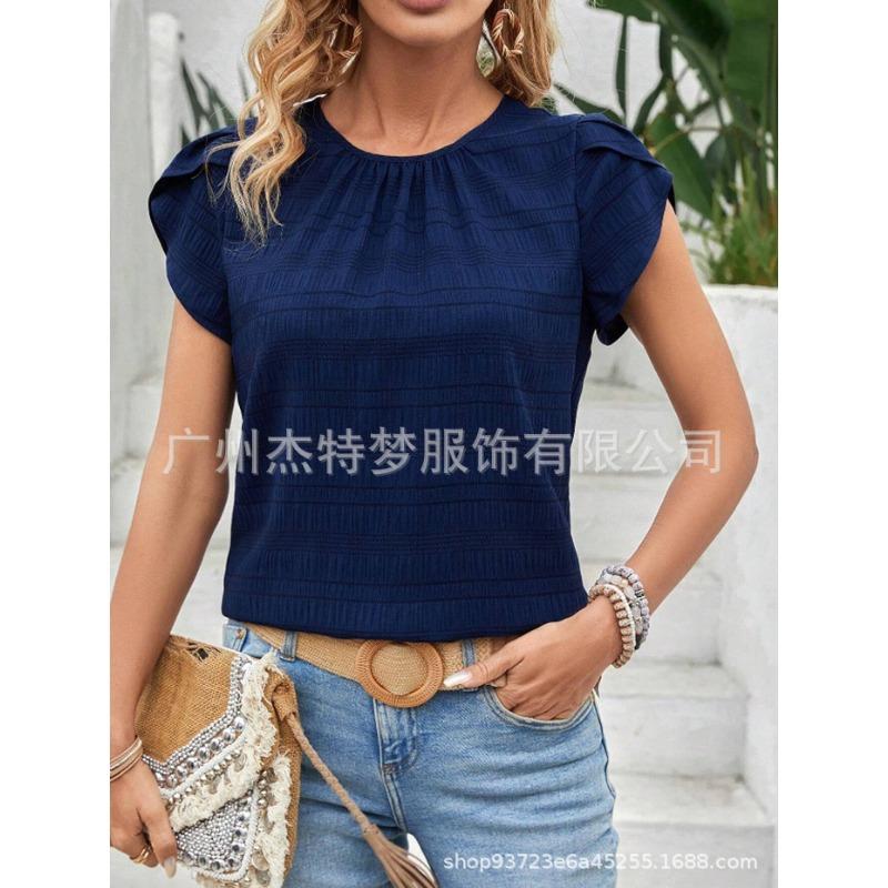 Damen Frühling und Sommer Neue Rundhals Blütenblatt Ärmel Temperament Kurzarm Tops