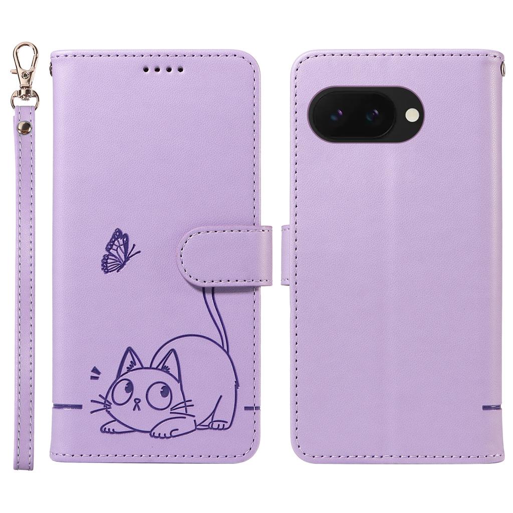 For Google Pixel 9a Lommebokdeksel Kattemønster Pregnet Lær Telefondeksel med Håndleddsstropp