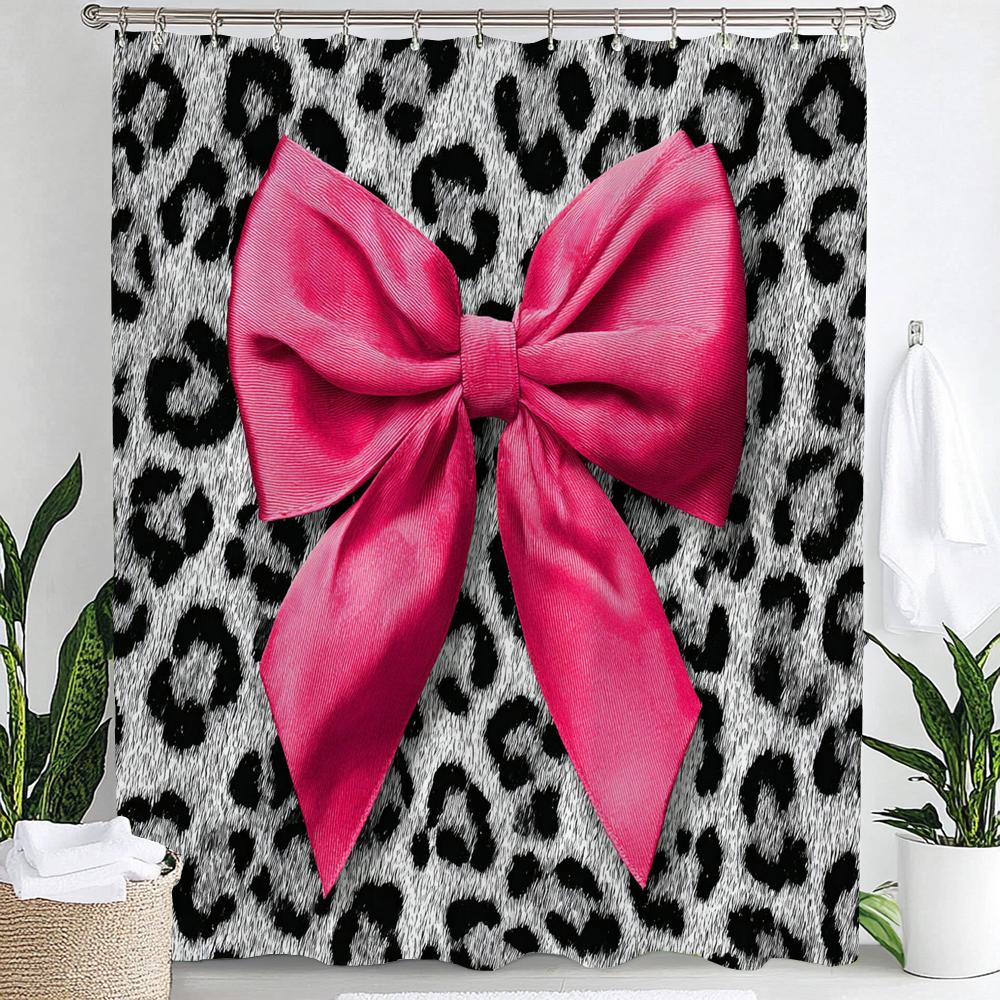 1Pc Romantic Pink Bow Print Waterproof Shower Partition Privacy Hanging Curtain With 12 Hooks Multiple Size Machine Washable