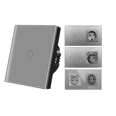 Interrupteur tactile lumineux en verre trempé gris standard européen avec prise USB C, interrupteur mural marche/arrêt 220V, boîte de fond circulaire double prise