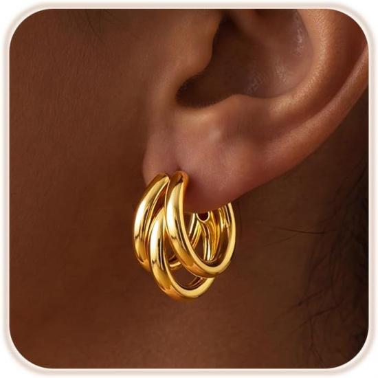 Triple Hoop Earrings for Women Trendy, 14K Gold/Silver Plated Cubic Zirconia Hypoallergenic Hoop Earring Chunky Dainty Minimalist CZ Earring Fashion