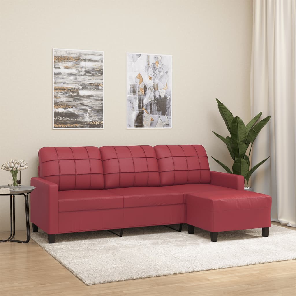 3 Seater Sofa with Ottoman in Burgundy 180 cm Artificial Leather