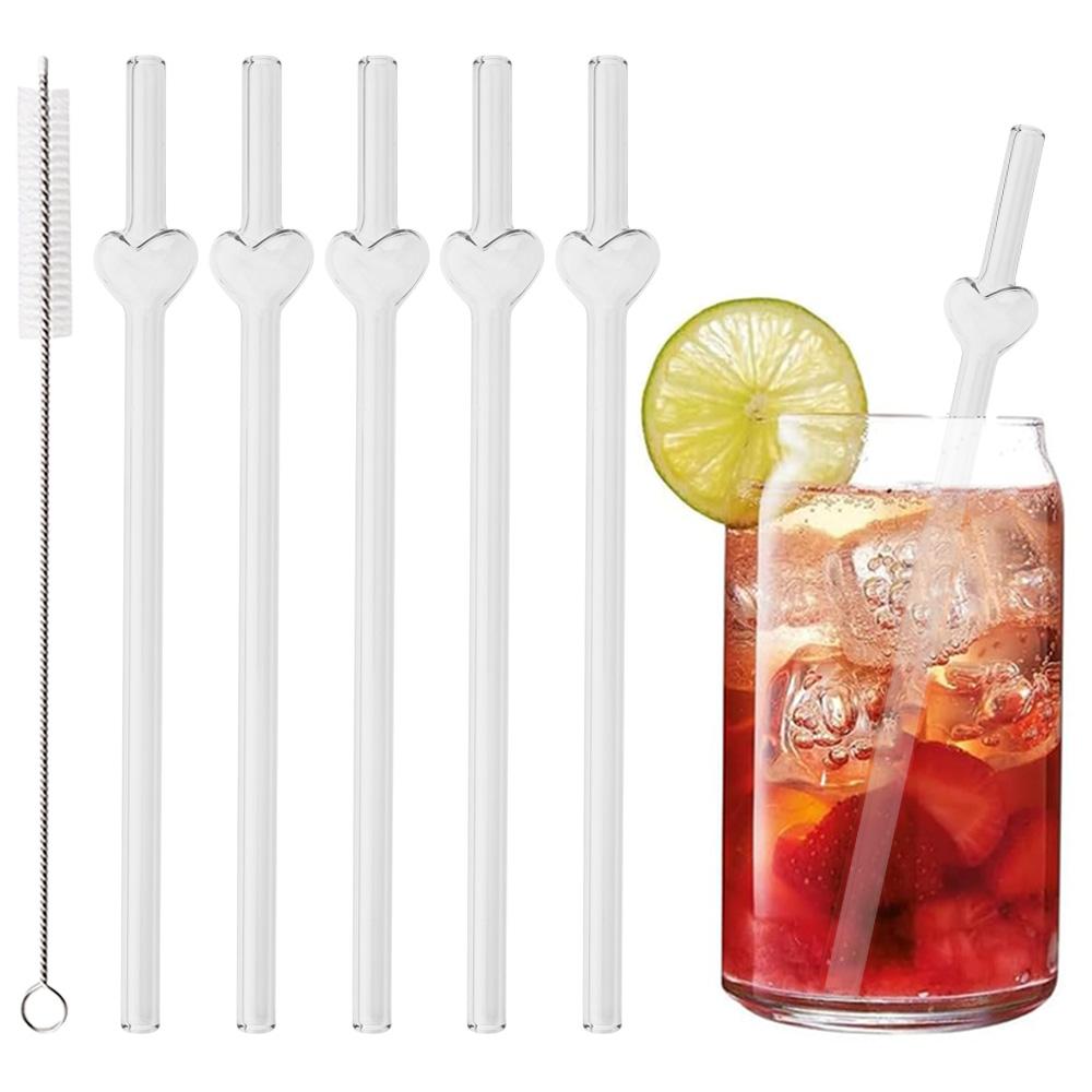 5Pcs Glass Straws Reusable Cute Heart Glass Straws 7.8 In*8mm Red Eco-friendly Glass Straws with 1 Cleaning Brush