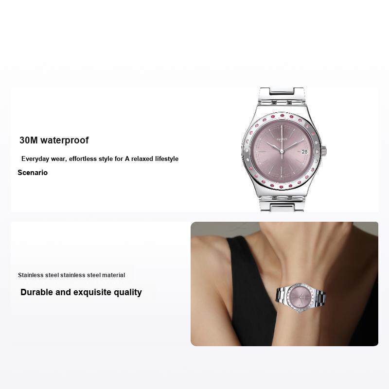Swatch Metal Series Quartz Movement 30M Water Resistant Fashion Style Watch 33Mm Pink Dial Stainless Steel Case Stainless Steel Strap YLS455G Pink Watch Dial