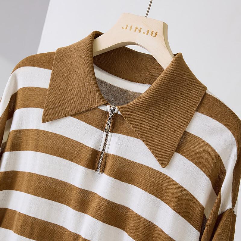 Jinjv Women's Wool Blend Contrast Stripe Half-Zip Polo Knit Top - 2026 Spring
