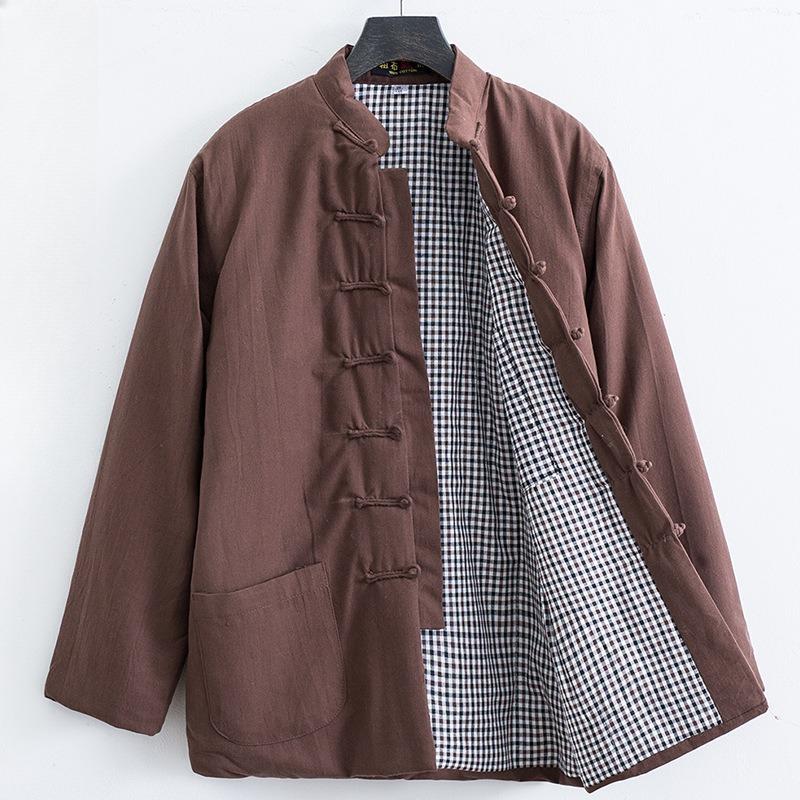 

Зимова бавовняна чоловіча куртка в стилі Тан, китайський стиль, комір-стійка, куртка на кнопках, утеплена куртка, потовщена для збереження тепла L кавовий