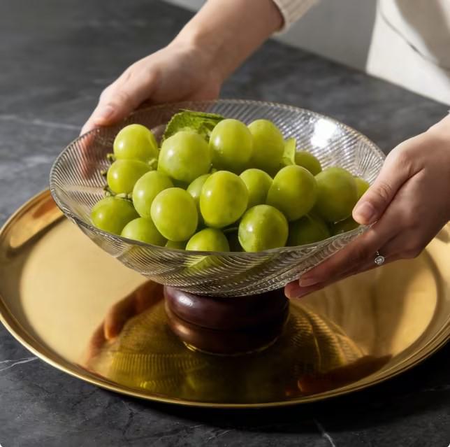 Vintage Glass Fruit Bowl with Wooden Base - Modern Home Coffee Table Snack & Dried Fruit Plate, Personalized & Exquisite Design