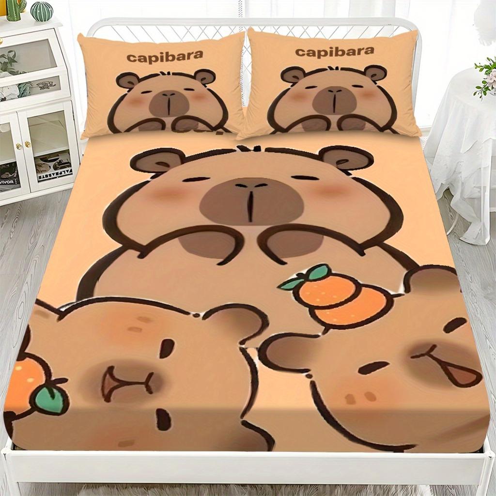 3PCs Cute Capybara Polyester Sheet Soft Digital Cartoon Print Fitted Sheet With 2 Pillowcases Birthday Gifts For Kids Bedroom